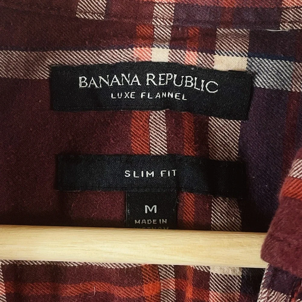 Banana Republic Luxe Mens Medium Slim Shirt Flannel Maroon Plaid Cabin‎ Rugged